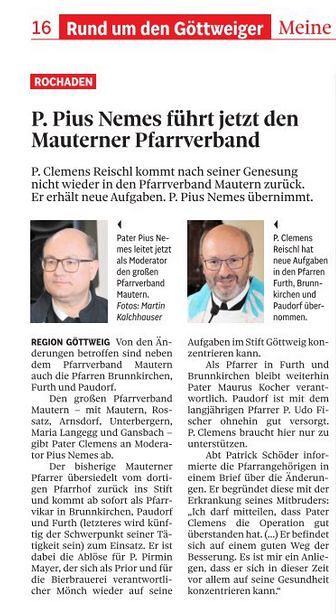 P. Clemens neuer Vikar für Brunnkirchen, Furth und Paudorf
